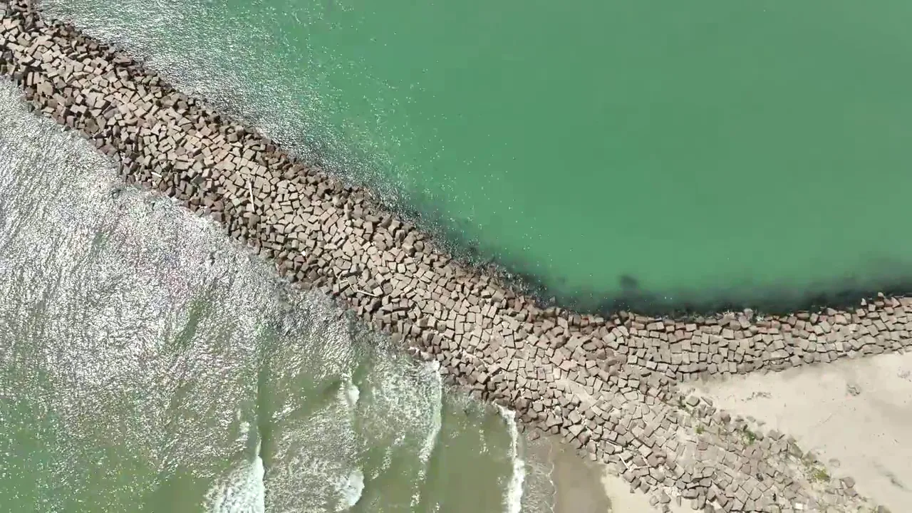 Aerial view of the jetties in Port Mansfield, Texas
